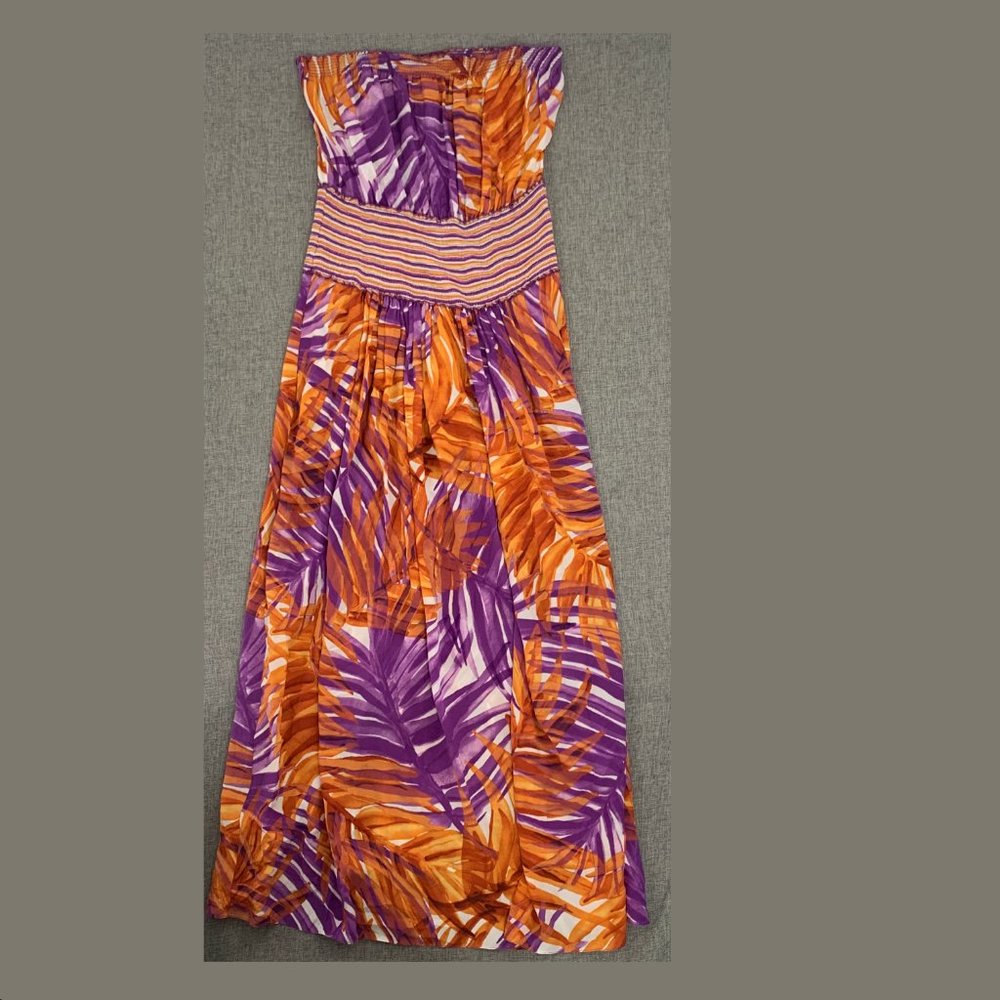 BCBGMaxazria Strapless Silk Maxi Dress Leaf Print‎ Small Purple Orange Stretchy